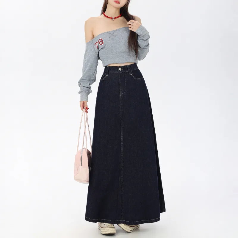 ZAVK Denim Long Skirt Women's Dark Blue-1
