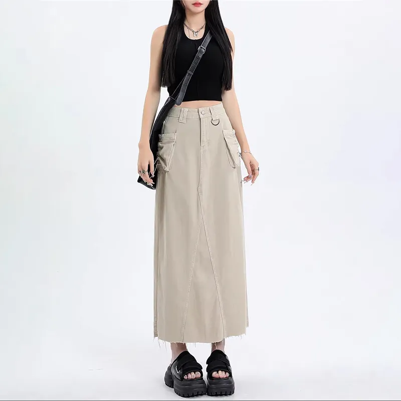 ZAVK Denim Long Skirts Women's Khaki-4