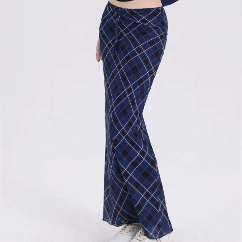 ZAVK Casual Long Skirts Women's Dark Blue Plaid-6