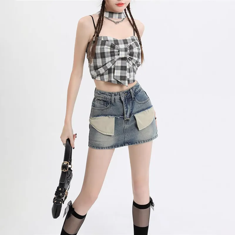 ZAVK Denim Short Skirts Women's Vintage Light Blue-4