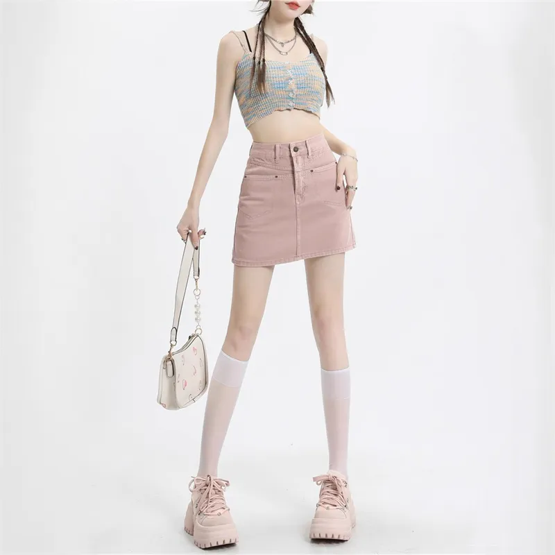 ZAVK Denim Short Skirts Women's Pink-3