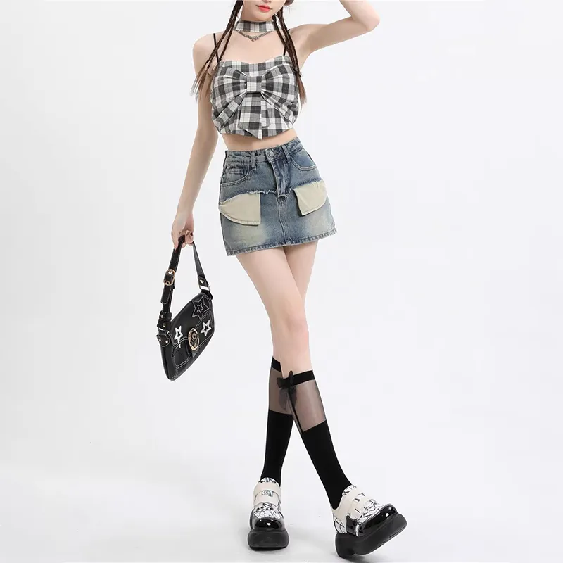 ZAVK Denim Short Skirts Women's Vintage Light Blue-1