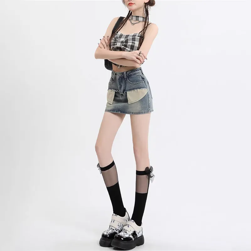 ZAVK Denim Short Skirts Women's Vintage Light Blue-3