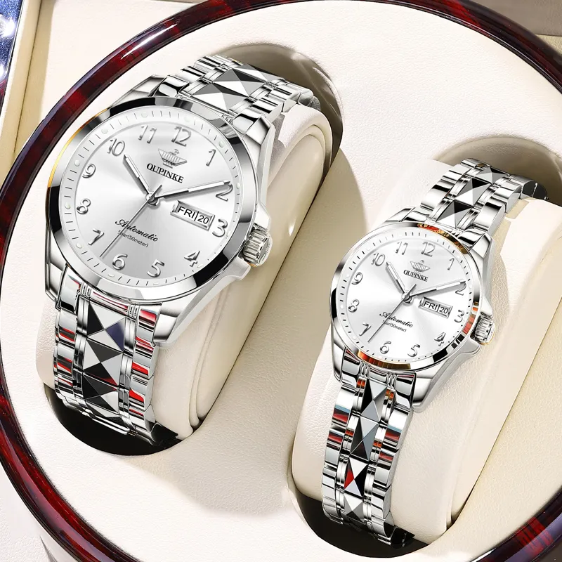 Oupinke Watch Couple's 1 Pair Mechanical Movement Stainless Steel Watchband Watch Unisex White Dial-4