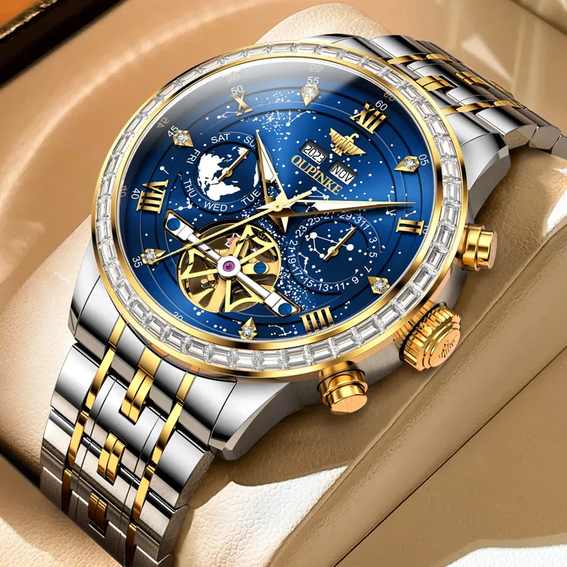 Oupinke Automatic Mechanical Movement Stainless Steel Watchband Watch Men's Watches Blue Dial-3