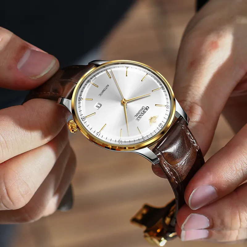 Oupinke Balmont Collection Extra Thin Mechanical Movement Leather Strap Watch Men's Watches White Dial-21