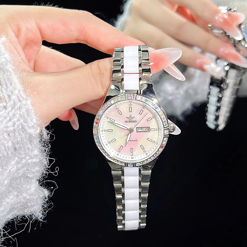 Oupinke Luxury Elegant Women's Watch Mechanical Movement Stainless Steel Watchband Watch Women's Watch White Dial-2