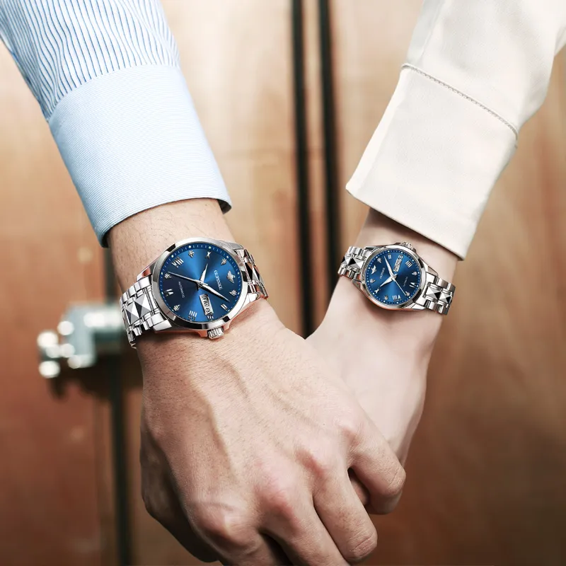 Oupinke Gaias Collection Watch Couple's 1 Pair Mechanical Movement Stainless Steel Watchband Watch Unisex White Dial-33