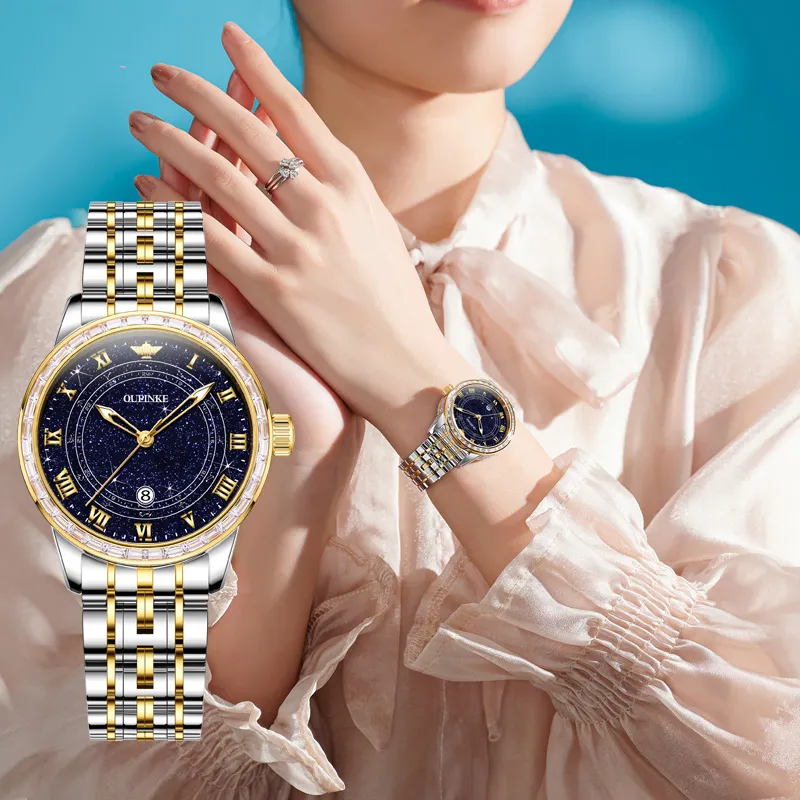 Oupinke Starry Sea Collection Mechanical Movement Stainless Steel Watchband Watch Women's Watch Blue Dial-5