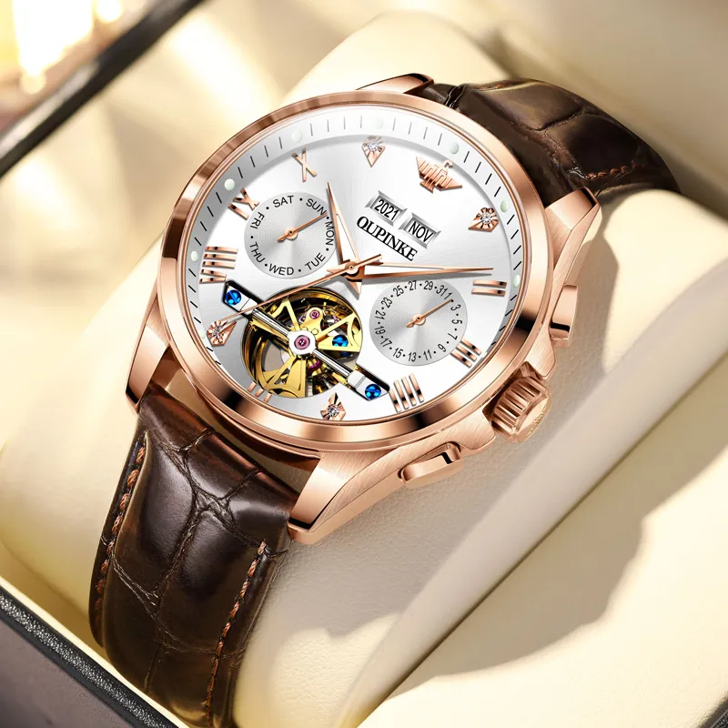 Oupinke Mechanical Movement Genuine Leather Strap Watch Unisex Black Dial OPK.BD-3