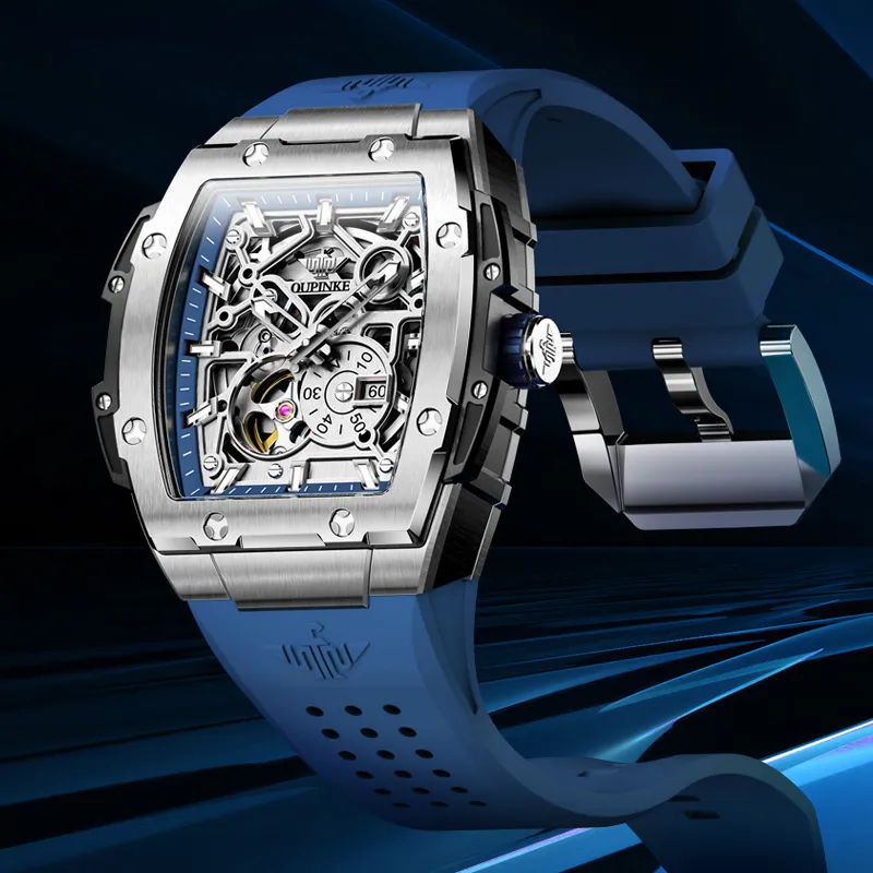 Oupinke Tonneau-Shaped Mechanical Movement Silicone Strap Watch Men's Watches White Dial-4