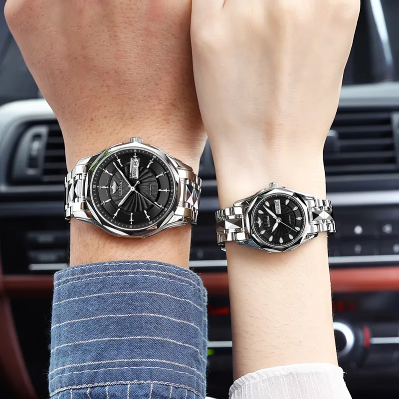 Oupinke Watch Couple's 1 Pair Mechanical Movement Stainless Steel Watchband Watch Unisex White Dial-17
