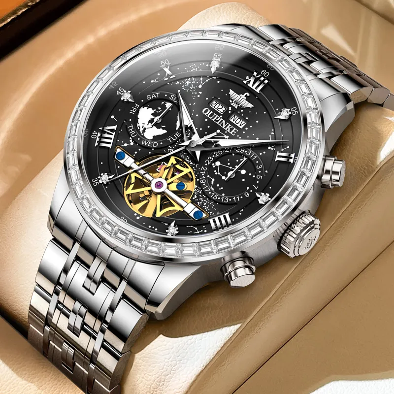 Oupinke Automatic Mechanical Movement Stainless Steel Watchband Watch Men's Watches Blue Dial-17