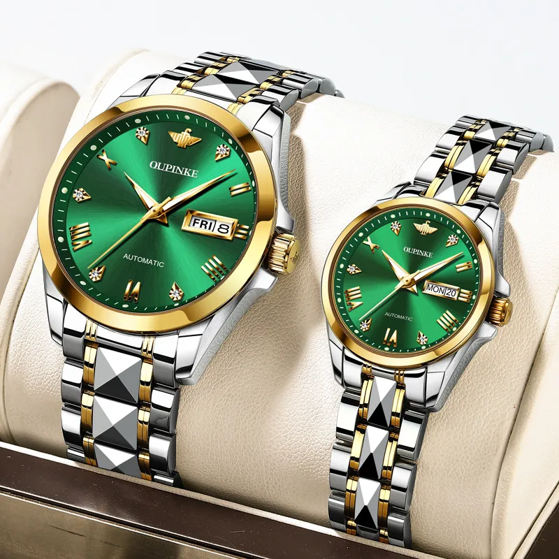 Oupinke Gaias Collection Watch Couple's 1 Pair Mechanical Movement Stainless Steel Watchband Watch Unisex White Dial-17