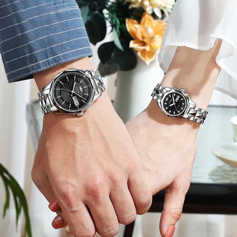 Oupinke Watch Couple's 1 Pair Mechanical Movement Stainless Steel Watchband Watch Unisex White Dial-18