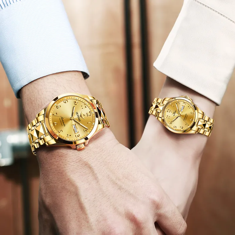 Oupinke Watch Couple's 1 Pair Mechanical Movement Stainless Steel Watchband Watch Unisex White Dial-21