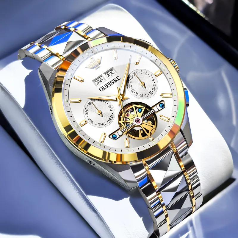 Oupinke Mechanical Movement Stainless Steel Watchband Watch Men's Watches White Dial-1