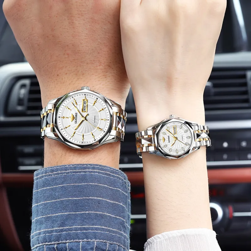 Oupinke Watch Couple's 1 Pair Mechanical Movement Stainless Steel Watchband Watch Unisex White Dial-3