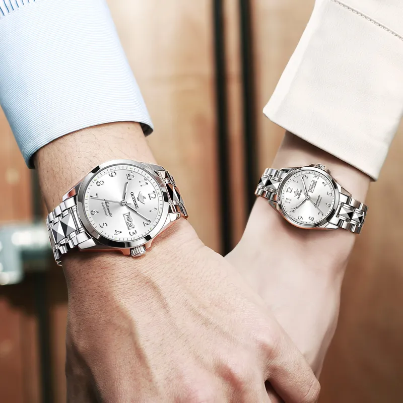 Oupinke Watch Couple's 1 Pair Mechanical Movement Stainless Steel Watchband Watch Unisex White Dial-6