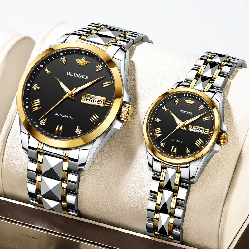Oupinke Gaias Collection Watch Couple's 1 Pair Mechanical Movement Stainless Steel Watchband Watch Unisex White Dial-7