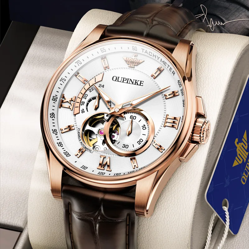 Oupinke Gaias Collection Cut Out Fly Reel Mechanical Movement Leather Strap Watch Men's Watches White Dial-14