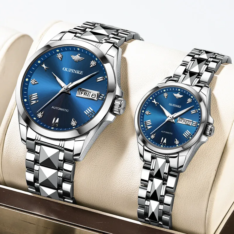 Oupinke Gaias Collection Watch Couple's 1 Pair Mechanical Movement Stainless Steel Watchband Watch Unisex White Dial-32