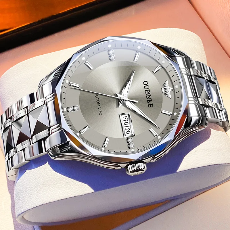 Oupinke Guts Collection Diamond Watch Dial Mechanical Movement Stainless Steel Watchband Watch Men's Watches Gray Dial-1