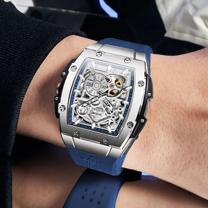 Oupinke Tonneau-Shaped Mechanical Movement Silicone Strap Watch Men's Watches White Dial-6