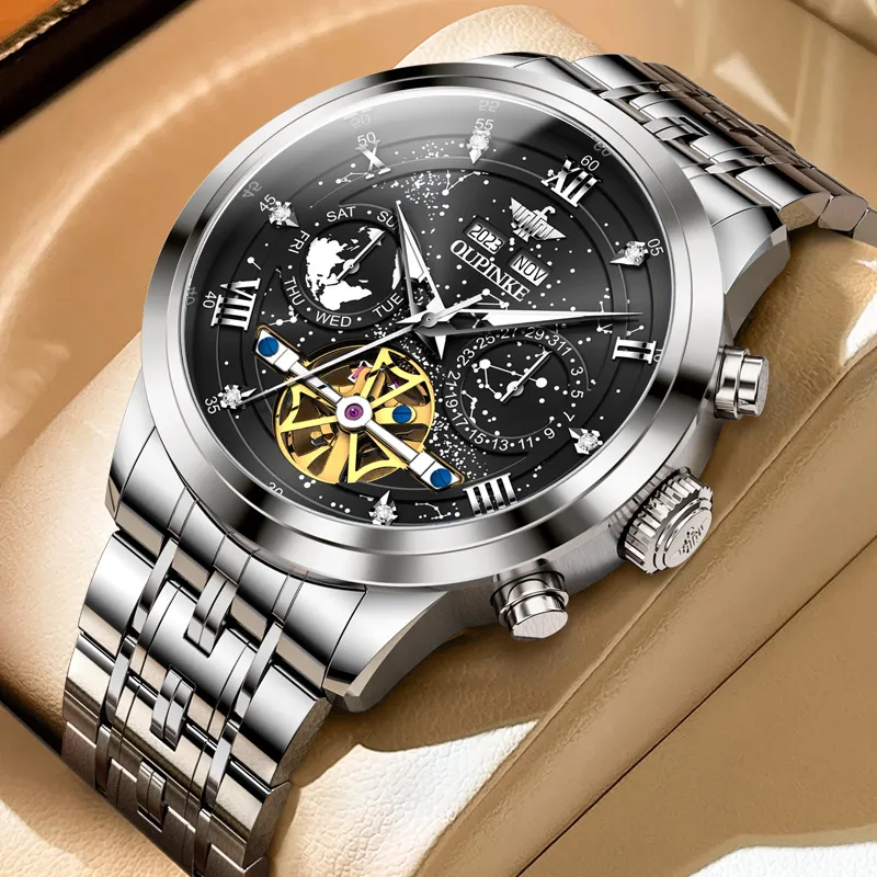Oupinke Automatic Mechanical Movement Stainless Steel Watchband Watch Men's Watches Blue Dial-38