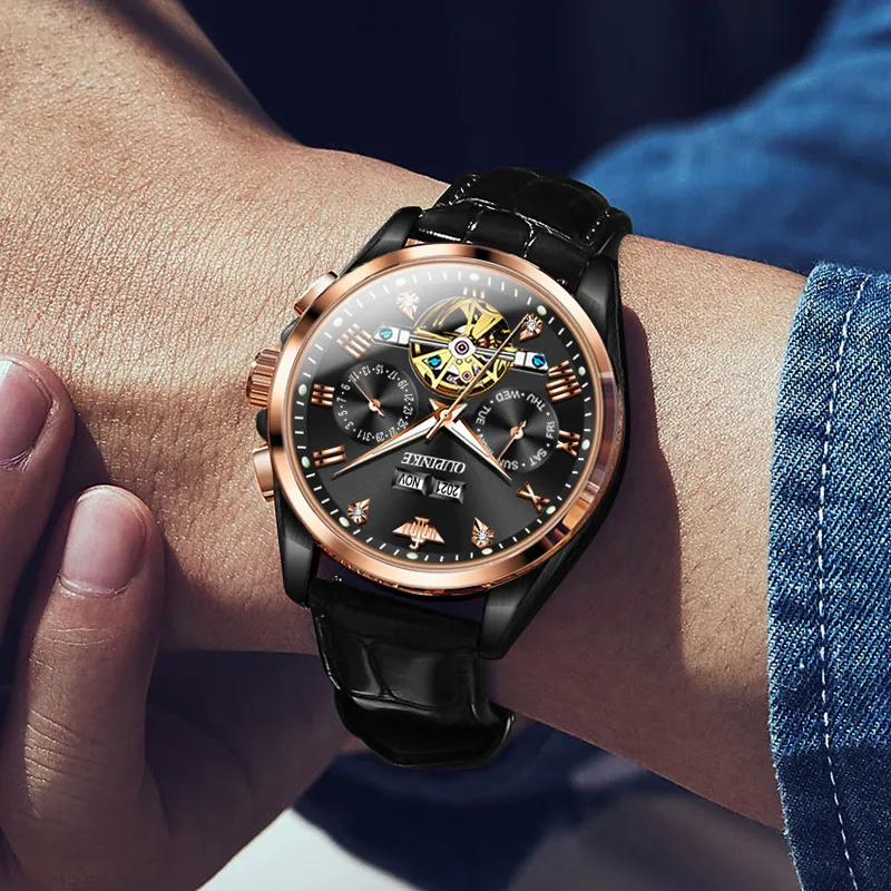 Oupinke Mechanical Movement Genuine Leather Strap Watch Unisex Black Dial OPK.BD-1