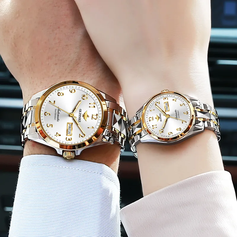 Oupinke Watch Couple's 1 Pair Mechanical Movement Stainless Steel Watchband Watch Unisex White Dial-13