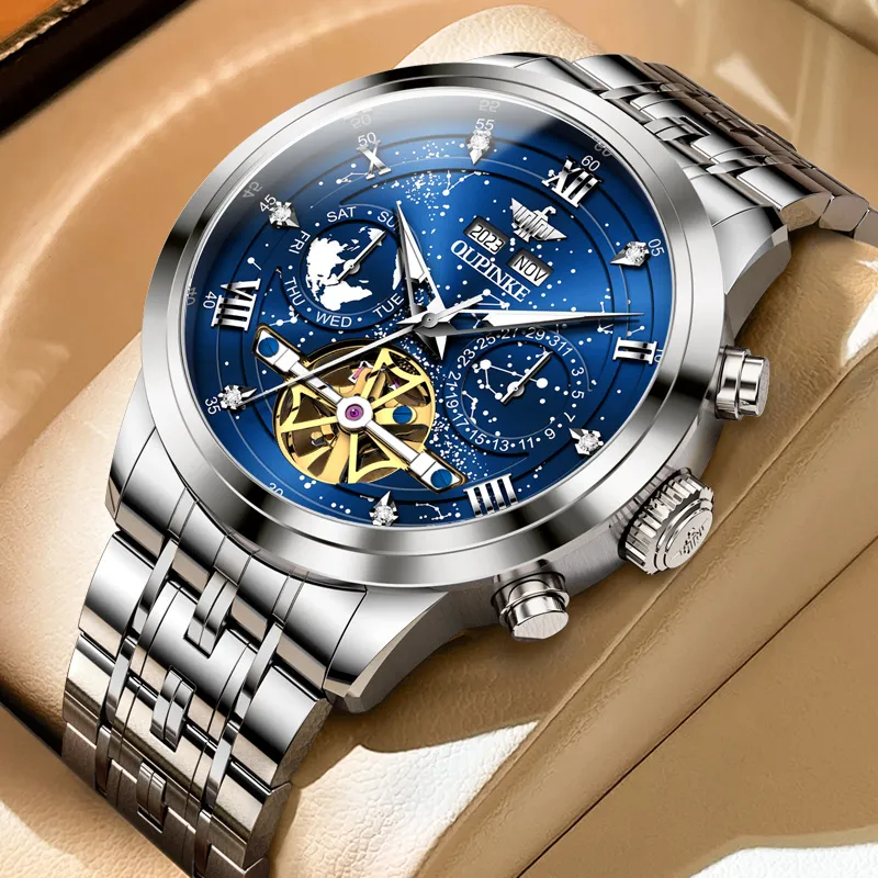 Oupinke Automatic Mechanical Movement Stainless Steel Watchband Watch Men's Watches Blue Dial-31