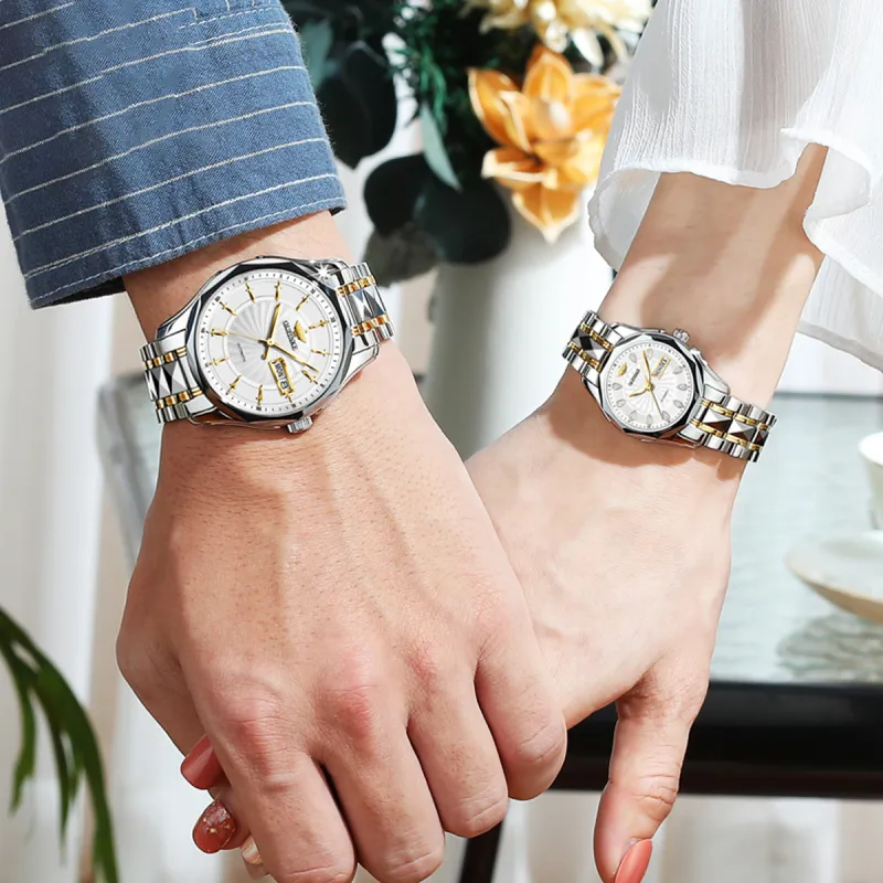 Oupinke Watch Couple's 1 Pair Mechanical Movement Stainless Steel Watchband Watch Unisex White Dial-4