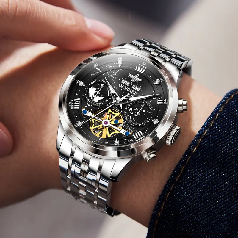 Oupinke Automatic Mechanical Movement Stainless Steel Watchband Watch Men's Watches Blue Dial-40