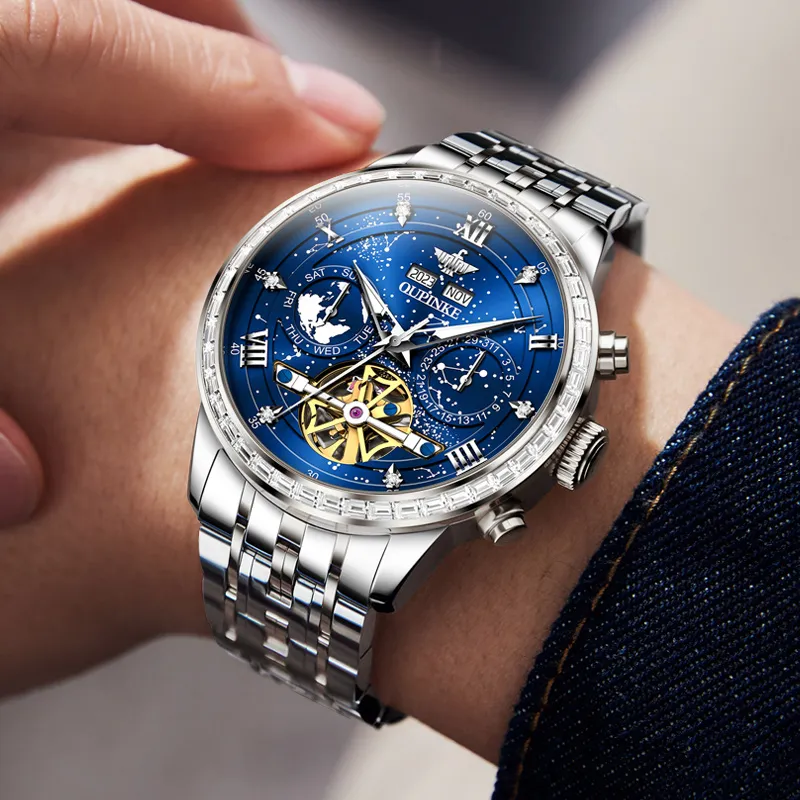 Oupinke Automatic Mechanical Movement Stainless Steel Watchband Watch Men's Watches Blue Dial-13