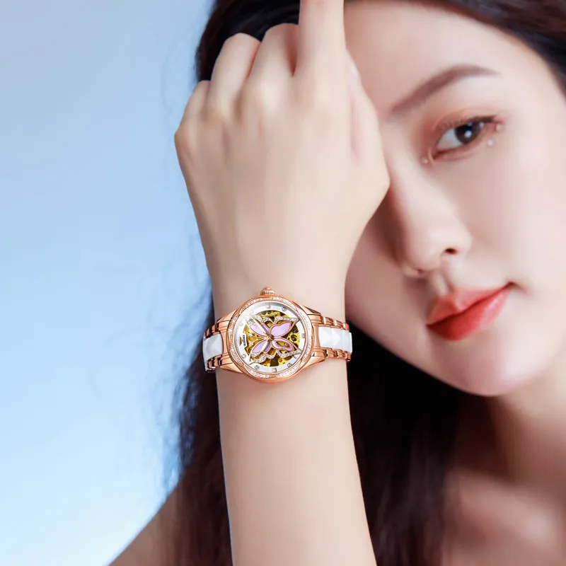Oupinke AIR-BORN Collection Ceramic Rhinestone-Embellished Mechanical Movement Watch Women's Watch White Dial-5
