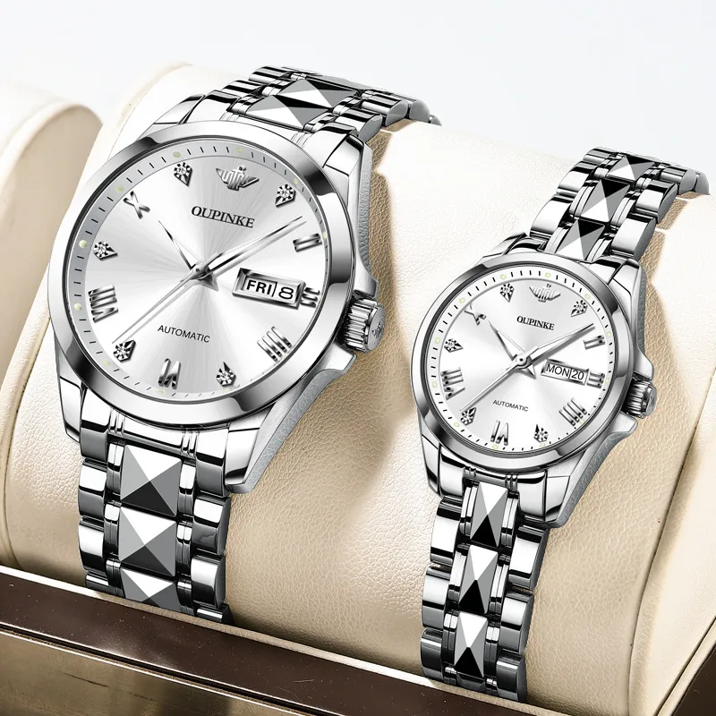 Oupinke Gaias Collection Watch Couple's 1 Pair Mechanical Movement Stainless Steel Watchband Watch Unisex White Dial-22