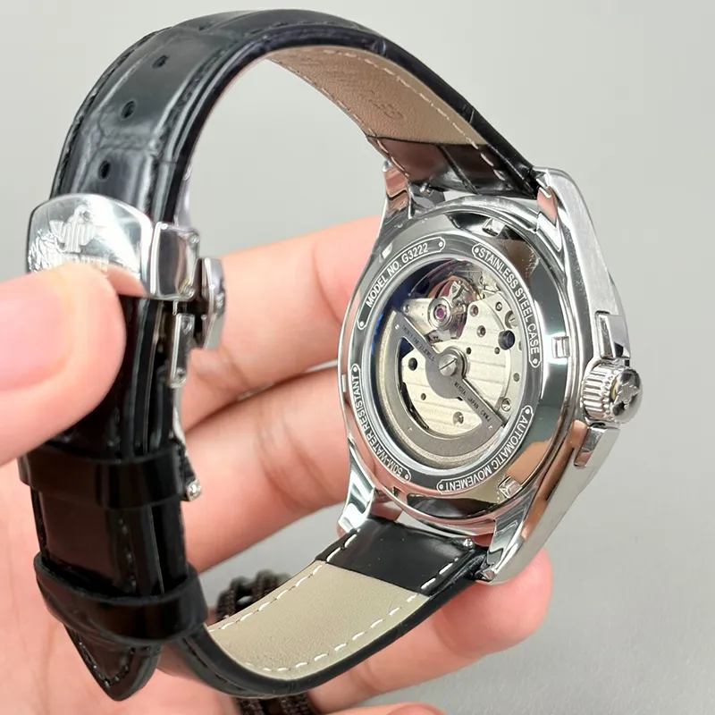Oupinke Gaias Collection Cut Out Fly Reel Mechanical Movement Leather Strap Watch Men's Watches White Dial-8