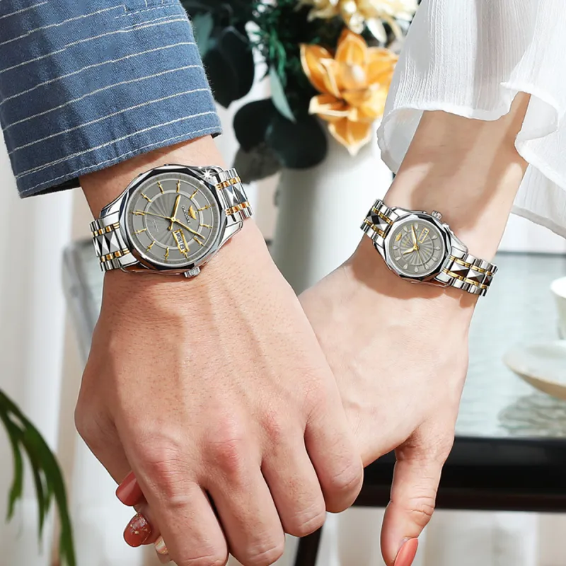 Oupinke Watch Couple's 1 Pair Mechanical Movement Stainless Steel Watchband Watch Unisex White Dial-9
