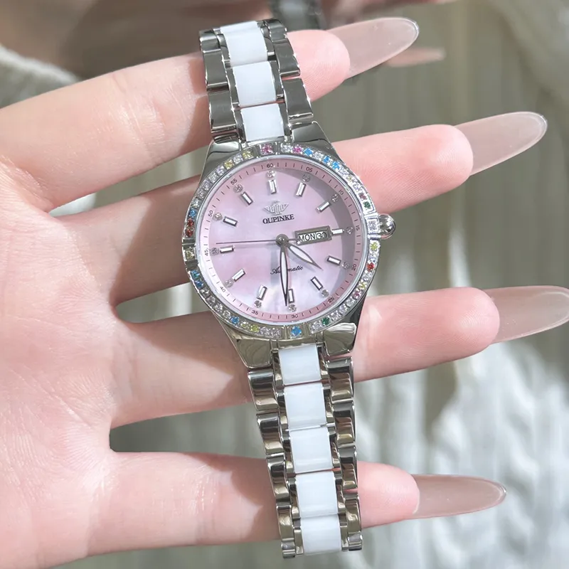 Oupinke Luxury Elegant Women's Watch Mechanical Movement Stainless Steel Watchband Watch Women's Watch White Dial-10