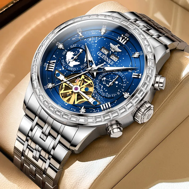 Oupinke Automatic Mechanical Movement Stainless Steel Watchband Watch Men's Watches Blue Dial-10