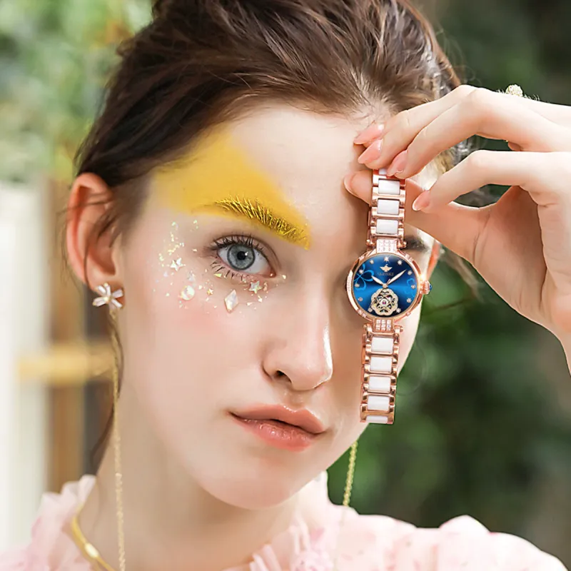 Oupinke AIR Born Collection Cut Out Mechanical Movement Stainless Steel Watchband Watch Women's Watch Pink Watch Dial-3