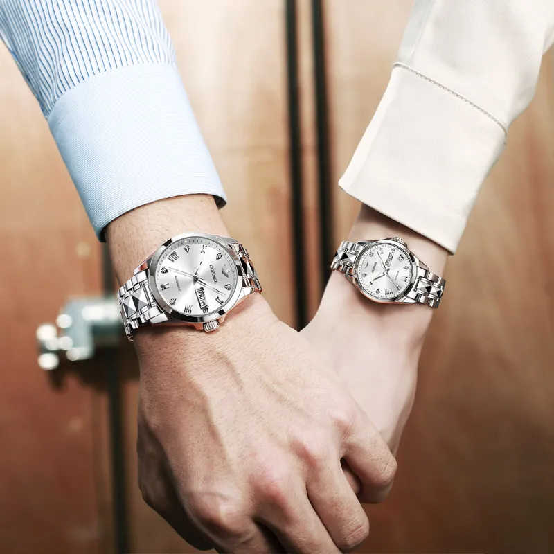 Oupinke Gaias Collection Watch Couple's 1 Pair Mechanical Movement Stainless Steel Watchband Watch Unisex White Dial-23