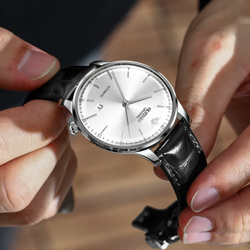 Oupinke Balmont Collection Extra Thin Mechanical Movement Leather Strap Watch Men's Watches White Dial-6