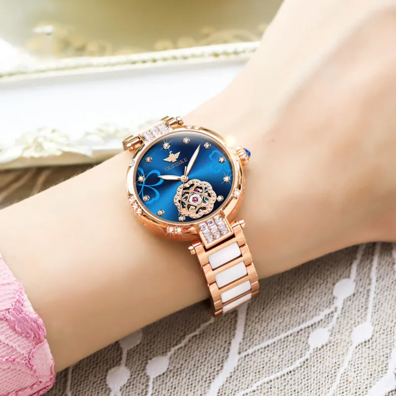 Oupinke AIR Born Collection Cut Out Mechanical Movement Stainless Steel Watchband Watch Women's Watch Pink Watch Dial-2