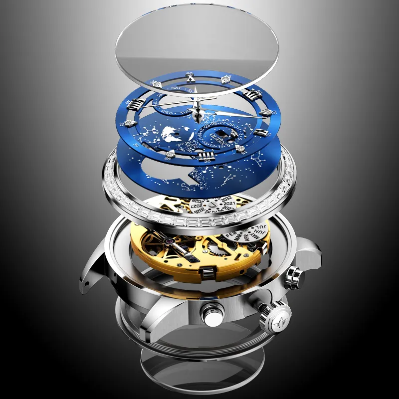 Oupinke Automatic Mechanical Movement Stainless Steel Watchband Watch Men's Watches Blue Dial-12