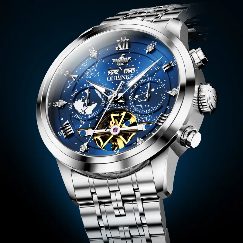 Oupinke Automatic Mechanical Movement Stainless Steel Watchband Watch Men's Watches Blue Dial-32