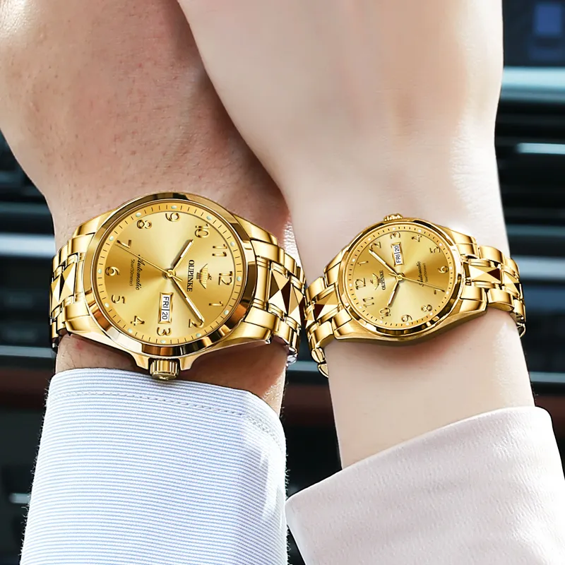 Oupinke Watch Couple's 1 Pair Mechanical Movement Stainless Steel Watchband Watch Unisex White Dial-20