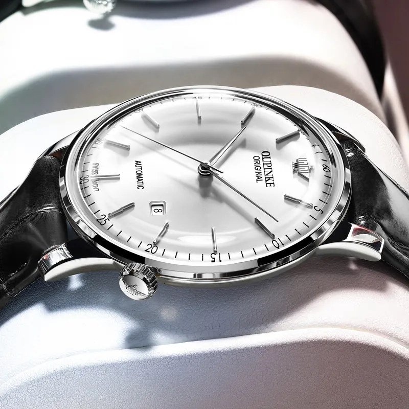 Oupinke Balmont Collection Extra Thin Mechanical Movement Leather Strap Watch Men's Watches White Dial-5
