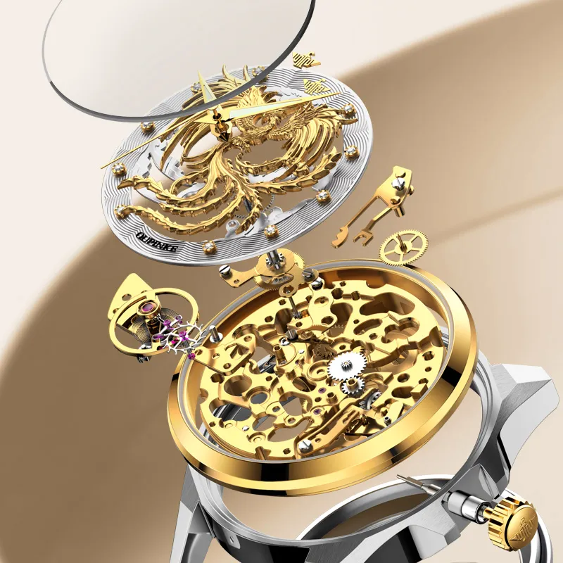 Oupinke Mechanical Movement Stainless Steel Watchband Watch Women's Watch Gold Dial-11